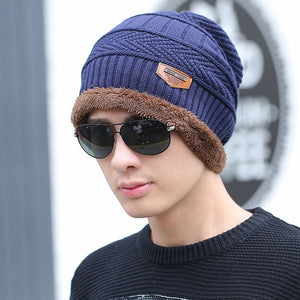 Coral Fleece Winter Beanies Hats Scarf For Mens Soft Warm Breathable Wool Knitted Winter Hat Letter Double Layers Cap