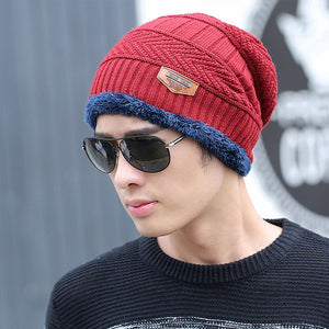 Coral Fleece Winter Beanies Hats Scarf For Mens Soft Warm Breathable Wool Knitted Winter Hat Letter Double Layers Cap