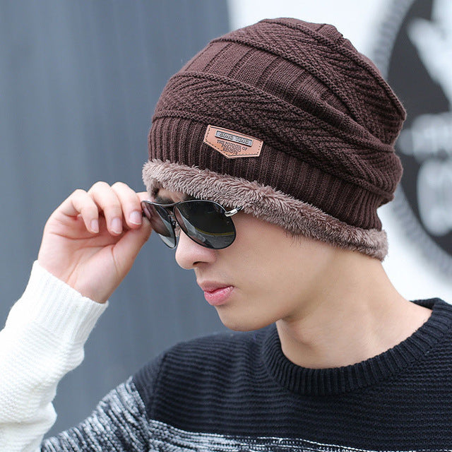 Coral Fleece Winter Beanies Hats Scarf For Mens Soft Warm Breathable Wool Knitted Winter Hat Letter Double Layers Cap