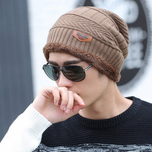 Coral Fleece Winter Beanies Hats Scarf For Mens Soft Warm Breathable Wool Knitted Winter Hat Letter Double Layers Cap