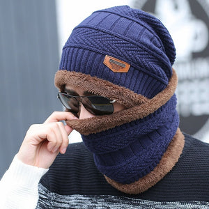 Coral Fleece Winter Beanies Hats Scarf For Mens Soft Warm Breathable Wool Knitted Winter Hat Letter Double Layers Cap